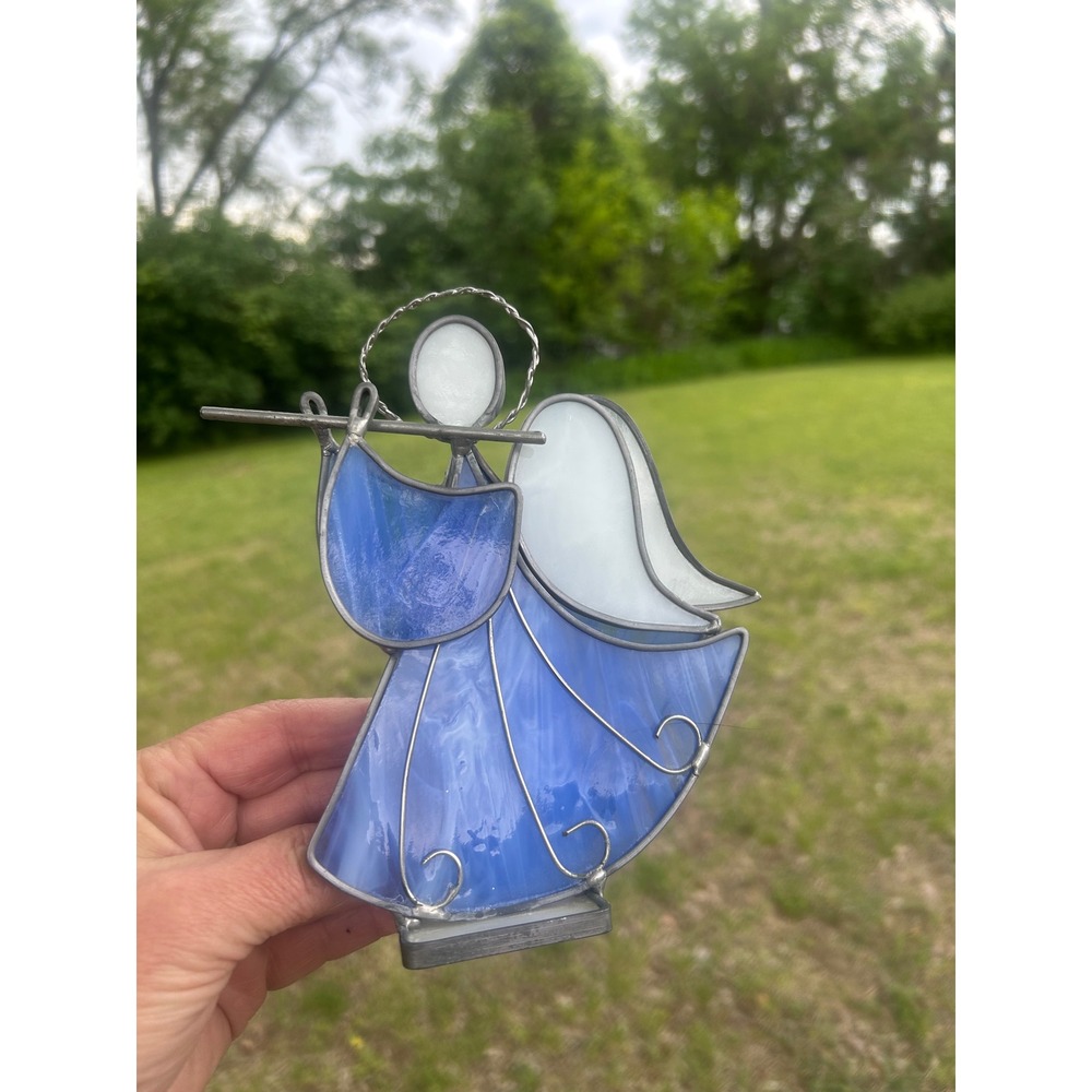 Vintage 1991 Signed Stained Glass Angel‎ Playing Flute Figurine Blue White 6"